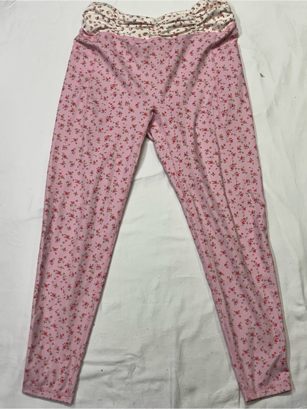 Girls' Pink Floral Leggings with Fold-Over Waist